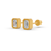 Emerald Cut Real Moissanite Bezel Set Solitaire Stud Earrings Screw Back 14K Gold Plated